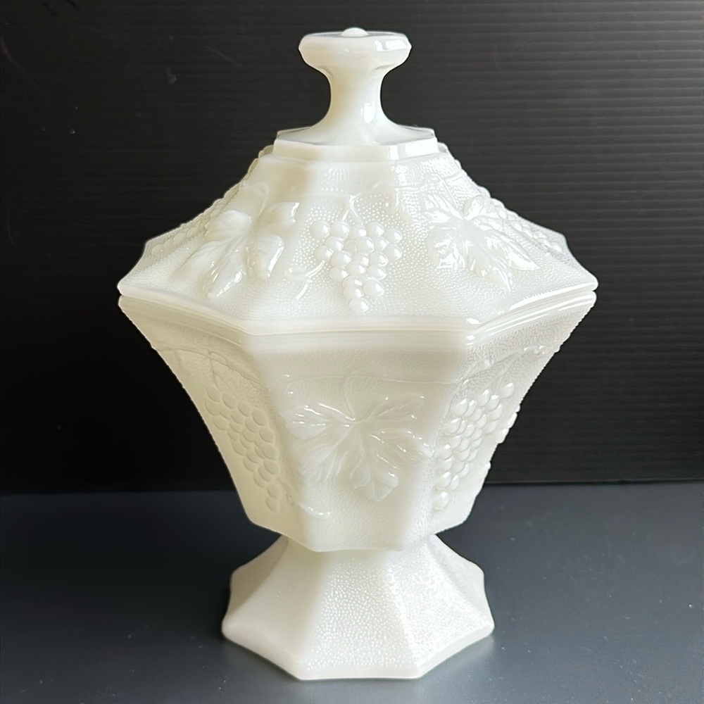VTG Milk Glass Octagonal Footed Candy Dish w Lid Grapes & Leaves